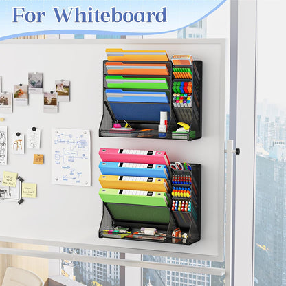Jakyitvi File Organizer Wall Mounted, 4 Tiers Durable Adjustable Metal Desk Organizer, Desktop Hanging File Holder with 4 Pen Slots Stable, 4 Pull-Out Divider for File, Mail, Black, Patent Pending
