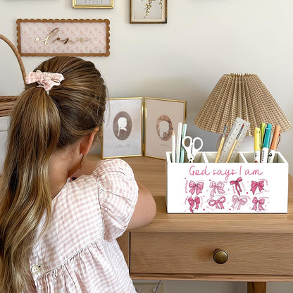 Purple Coquette Bow Pen Pencil Holder for Desk, Girly Office Decor, Preppy Purple Bow Aesthetic Wooden Box Sign Decorations for Girly Room Bedroom Dorm Office Desk Tabletop
