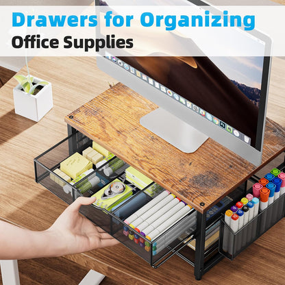 Marbrasse Metal Printer Stand for Desk with Storage Drawer and 2 Pen Holders, 2-Tier Desktop Organizer Printer Table for Home Office, Multi-Purpose Desk Organizer for Fax Machine Scanner Files(Black)