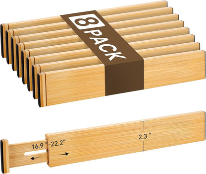 Bamboo Drawer Divider Set of 4, Adjustable Spring-Loaded Drawer Organizer (16.9"-22.2"), 2.3" Height, Suitable for Kitchen, Desk, Bathroom, Clothing, and Miscellaneous Drawer Organization, Natural