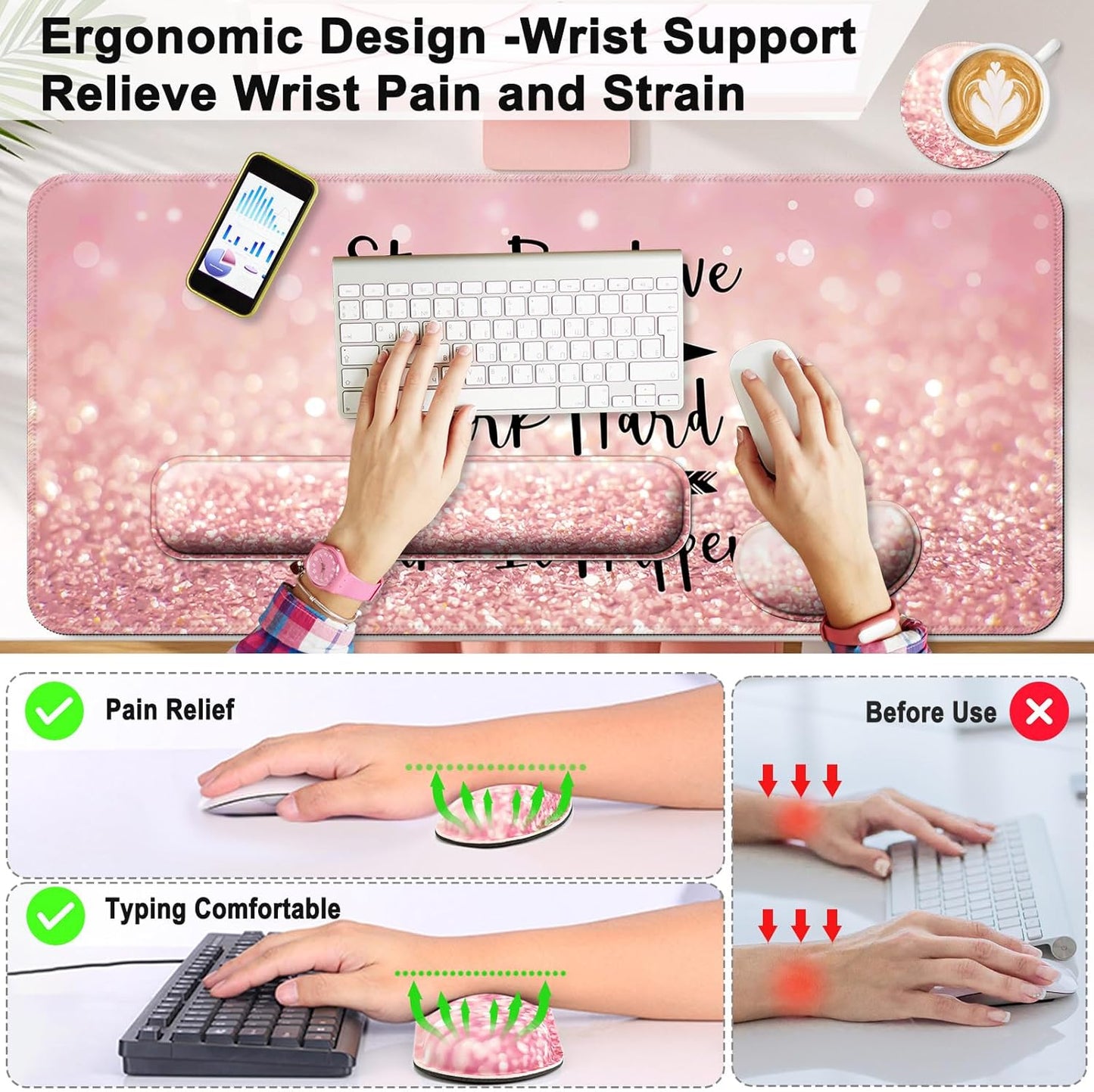 Keyboard Wrist Rest + Mouse Pad with Wrist Support + Desk Mat + Coaster 4 in 1 Set, XXL Large Gaming Mousepad Cute Ergonomic Mouse Pads for Desk Computer Laptop Office Decor-Beach