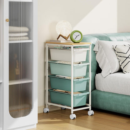 Rolling Storage Cart with 3 Drawers, Craft Organizer, Wooden Tabletop Utility Cart for Bedroom, Children's Room and Office Organization, Under Desk Trolley with Lockable Wheels,White