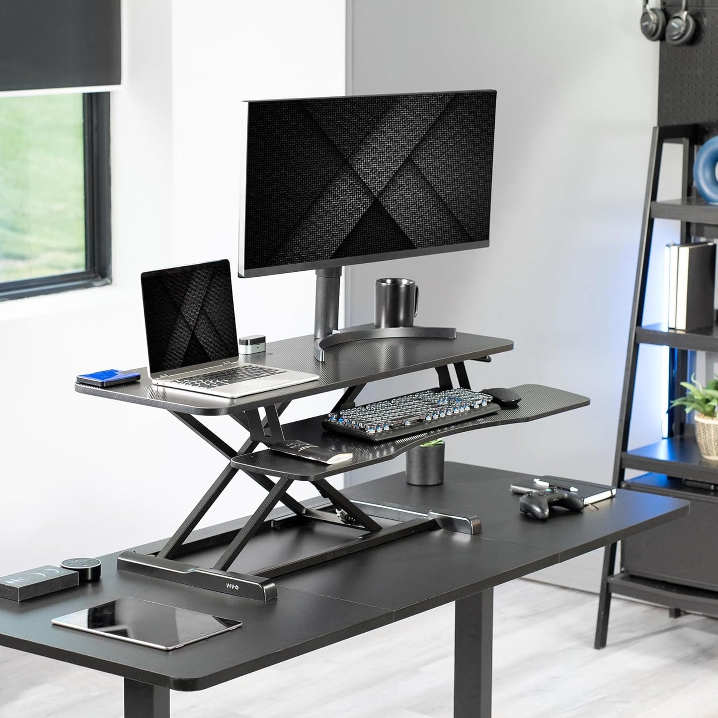 VIVO 26 inch Desk Converter, K Series, Height Adjustable Sit to Stand Riser, Dual Monitor and Laptop Workstation with Keyboard Tray, Black, DESK-V026KB