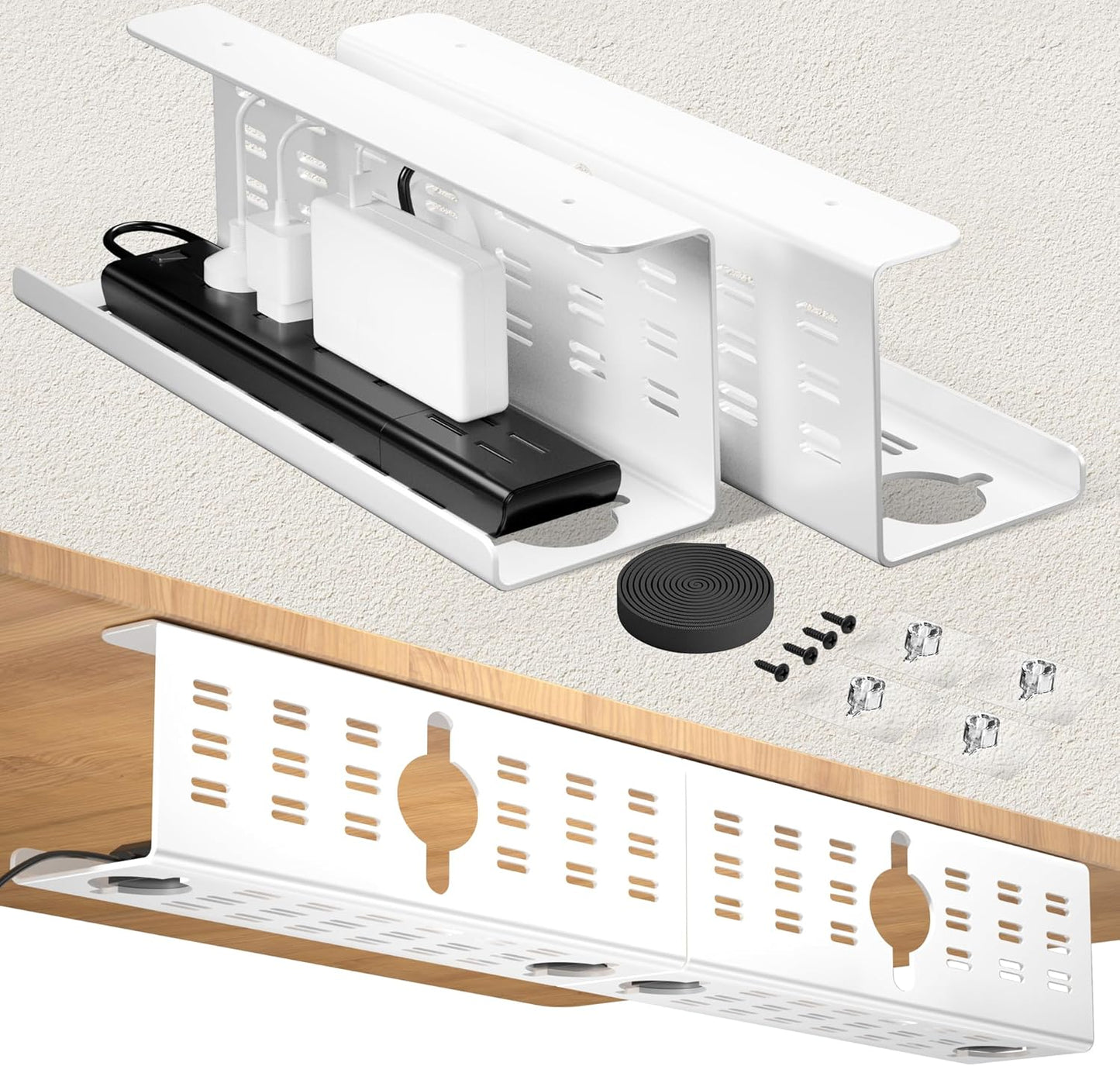 2 Pack Cable Management Under Desk Black, Cinati 32" Large Cable Management Tray, Under Desk Alloy Steel Wire Organizers, Cord Hider Tray for Office and Home - Tape or Screw Installation