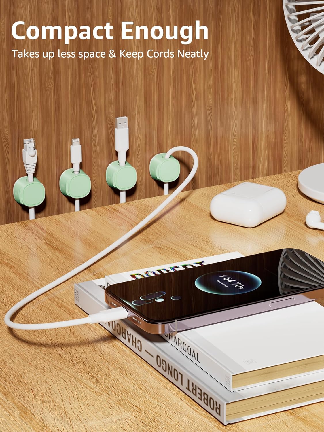 12 Pack Magnetic Cable Clips – [One-Snap Lock] Phone Cord Holder for Desk, Adhesive Magnetic Cord Organiser for Nightstand, Wall, Car – Under Desk Cable Management for Office, Home