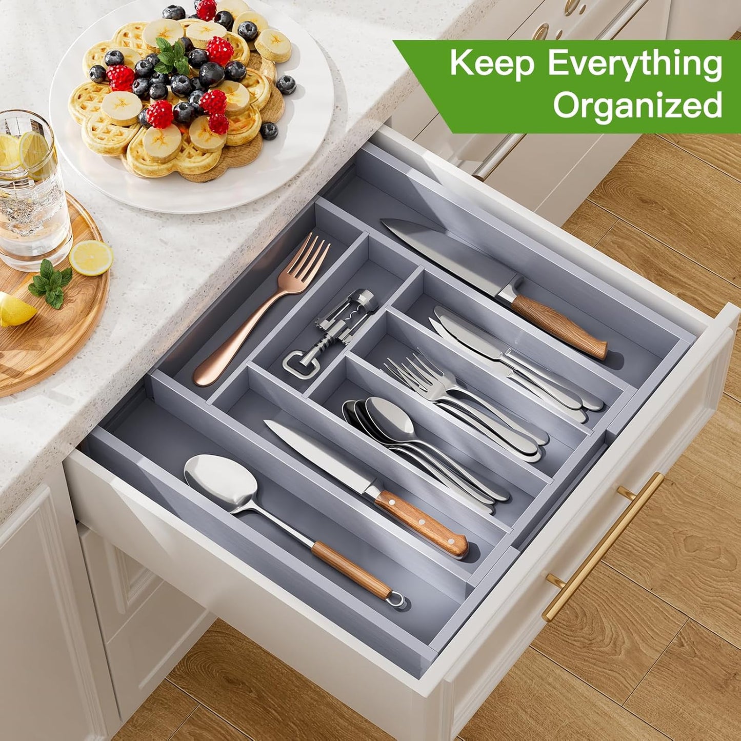 Pipishell Bamboo Expandable Silverware Drawer Organizer, Adjustable Kitchen Utensil Tray for Forks, Spoons and Knives, Wood Storage Cutlery Holder for Bedroom and Living Room