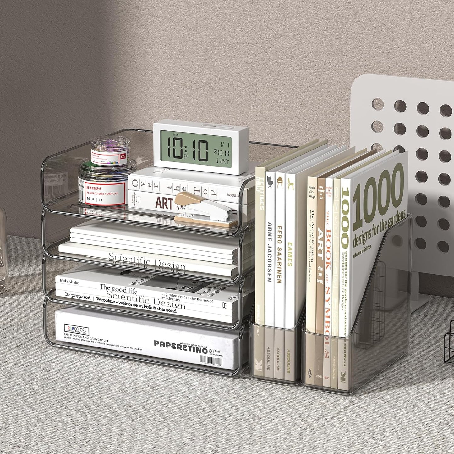 FANXIYQ 4-Tier Horizontal Acrylic Paper Tray Organizer with Bookends | Clear Stackable Desk Organizer for Documents, Letters, A4 Paper | Modern Office/Classroom/Home Organization