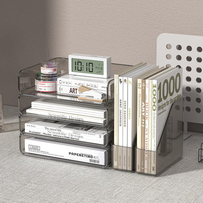 FANXIYQ 4-Tier Horizontal Acrylic Paper Tray Organizer with Bookends | Clear Stackable Desk Organizer for Documents, Letters, A4 Paper | Modern Office/Classroom/Home Organization