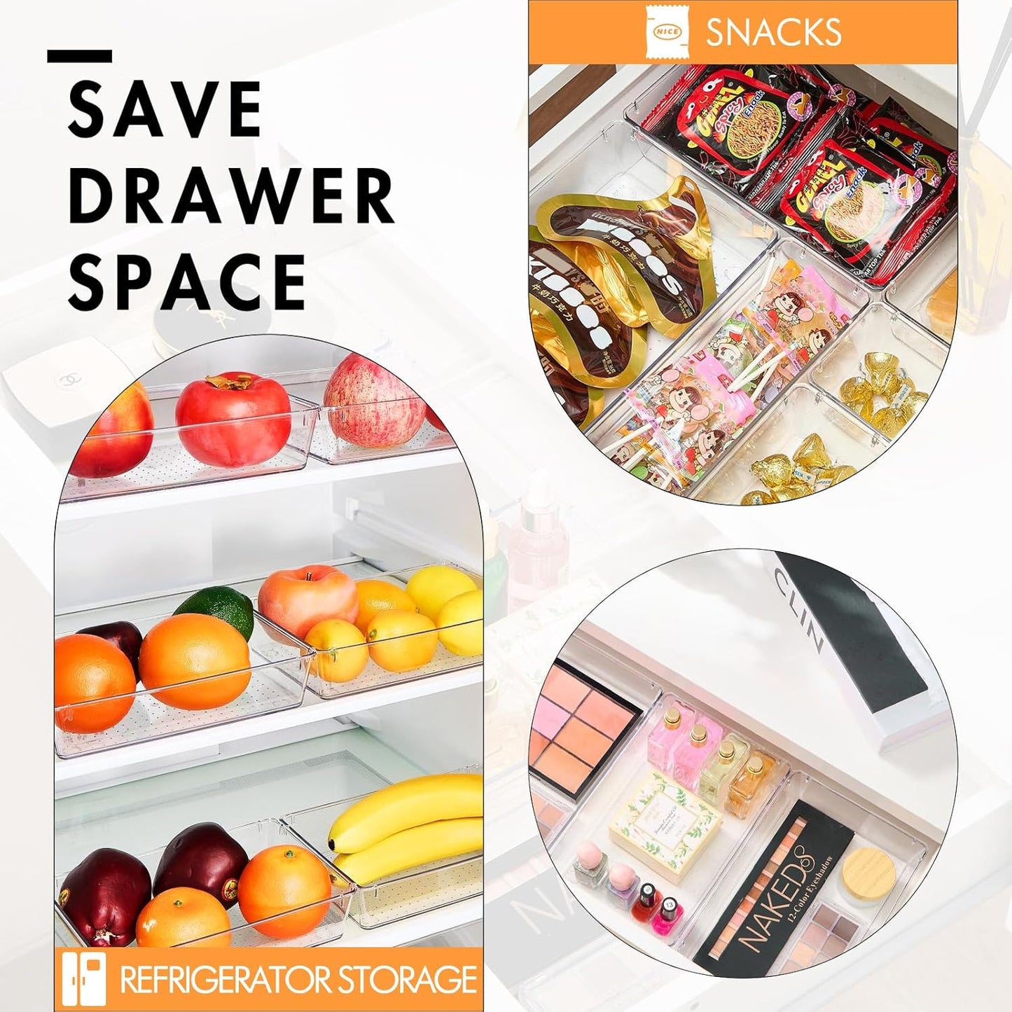 HOUSE DAY Makeup Drawer Organizer Trays 24 PCS, 4-Size Clear Drawer Organizers with Silicone Pads, Vanity Organizers and Storage, Non Slip Plastic Drawer Organizer for Desk, Bathroom, Kitchen, Office
