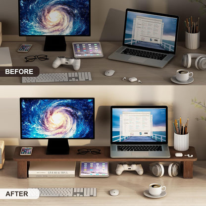 Ufine Dual Monitor Stand Riser 2 Heights Adjustable Wood Computer Monitor Stand Desktop Organizer, Large Monitor Stand for 2 Monitors, Laptop, TV, Printer