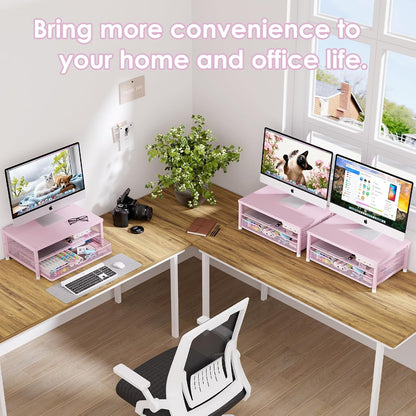 OPNICE Computer Monitor Stand Riser, Desk Organizer with Drawer, Printer & Laptop Stand, Office Desk Accessories & Workspace Desktop Organizers Storage for Office Supplies(Brown)