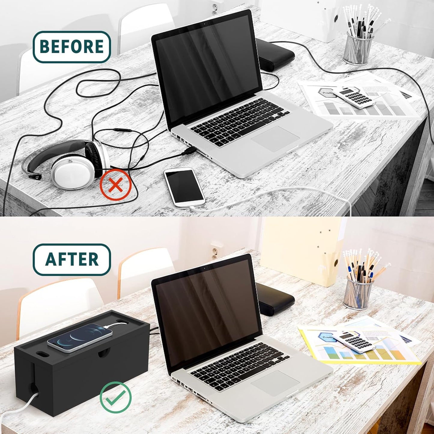 Bamboo Cable Management Box, Large Cord Organizer Box Cable Box to Hide Wires & Power Strips for Desktop Storage Cord Holder for Office Home,No Assembley Required (All White, Large)
