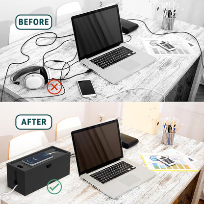 Bamboo Cable Management Box, Large Cord Organizer Box Cable Box to Hide Wires & Power Strips for Desktop Storage Cord Holder for Office Home,No Assembley Required (All White, Large)