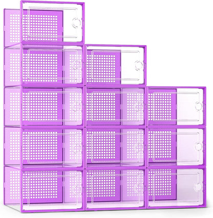 Kuject X-Large Shoe Storage Boxes Organizers Clear Plastic Stackable 12 Pack, Shoe Rack & Holder Substitute, Sneaker Containers, Toy Storage Organizer Bins for Entryway, Closet, Under Bed, Black