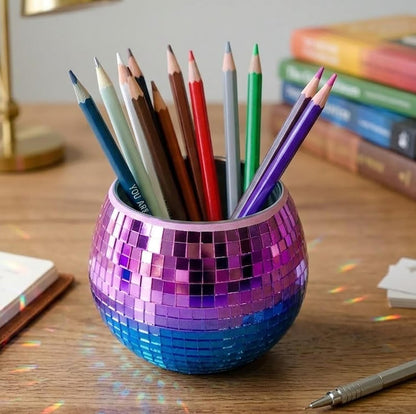 Disco Ball Makeup Brush Holder & Pen Cup - Fun Desk Accessories for Office, Cute Aesthetic Room Decor, 4.7 inch Unique gift vase for Her (rosegold)