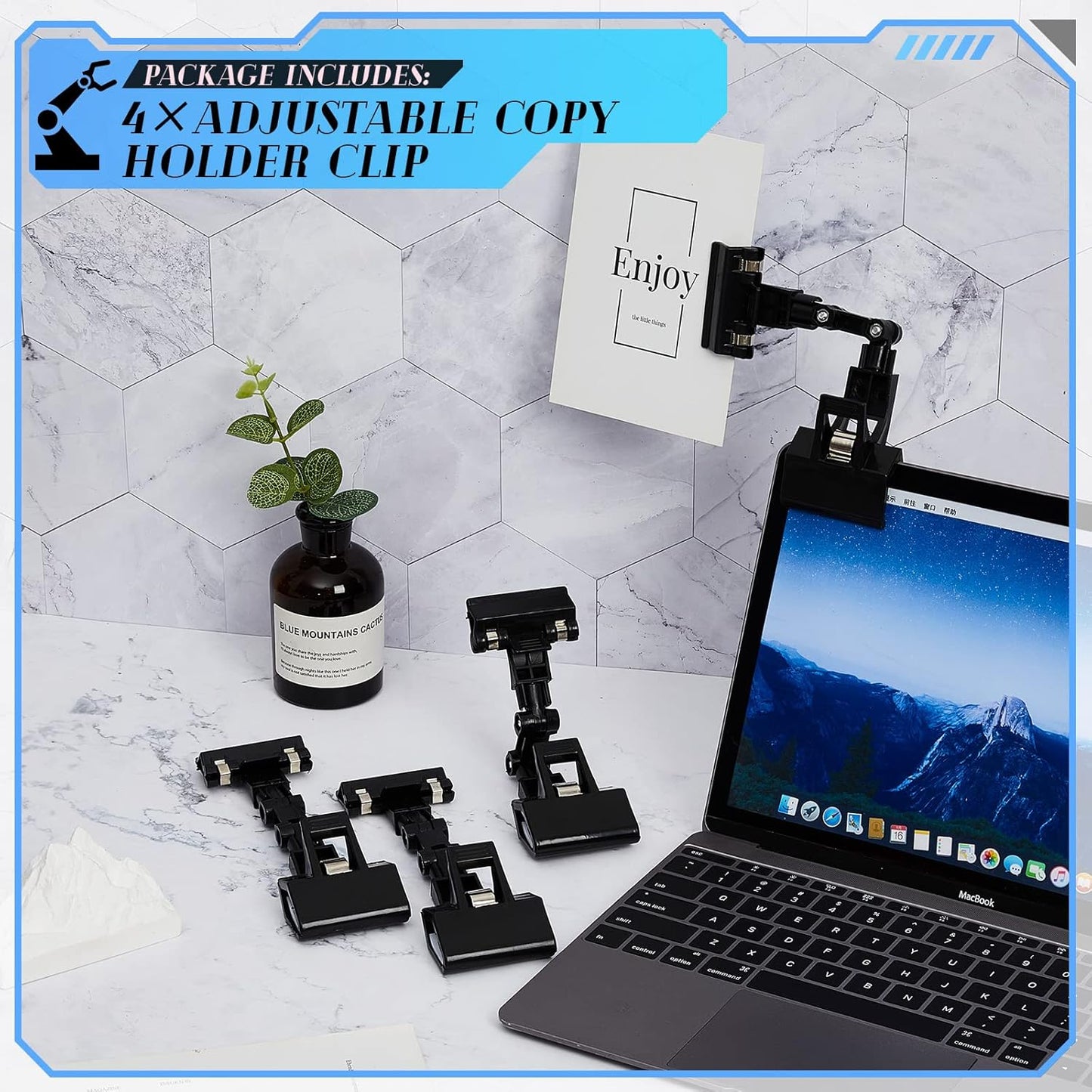 Pack of 4 Flexible Documents Holder Foldable Adjustable Copy Paper Holder Clip for Computer Monitor Handy Artist Supplies Rack Canvas Clamp Double Head Typing Painting Easel Accessory(Black)