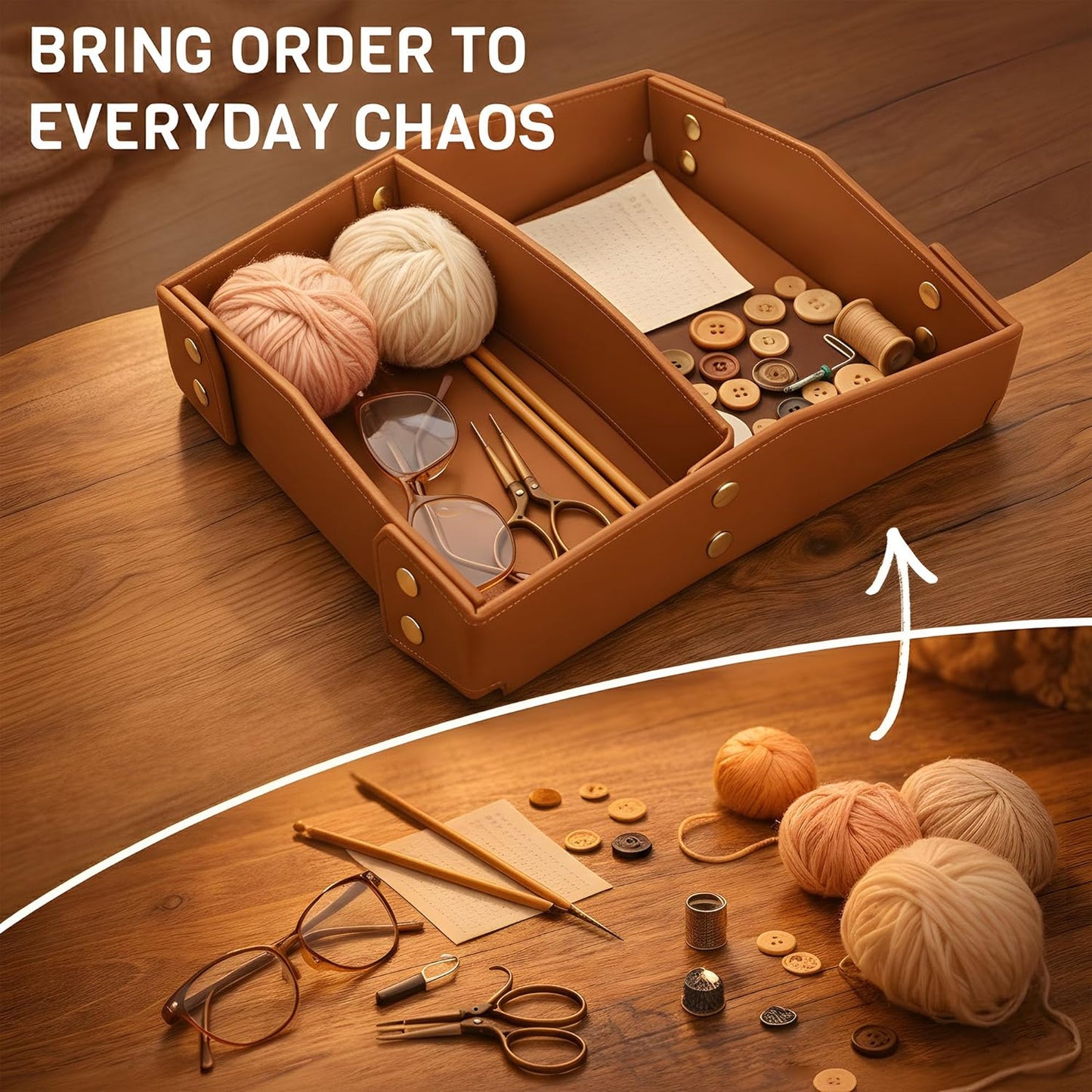 Valet Tray Organizer for Men & Women - PU Leather Catch All Tray with Removable Divider - EDC Storage for Keys, Watch, Phone - Nightstand, Dresser & Desk Organizer - Pacific Navy