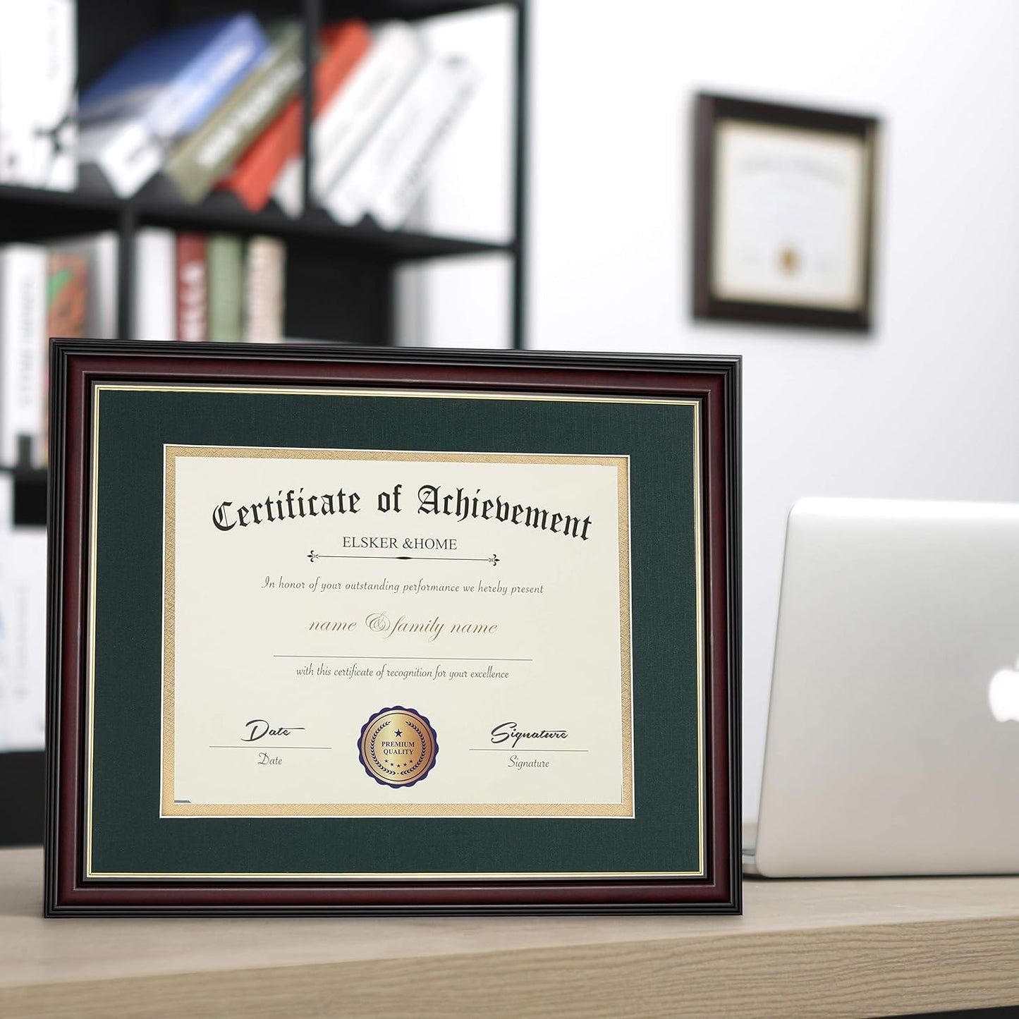 ELSKER&HOME Diploma Frame - Wide Solid Wood Frame - Black Velvet Golden Rim Mat - Semi-Tempered Glass - Includes Hanging Hardware and Desktop Easel(ONLY Display 11×14 Document/Certificate)
