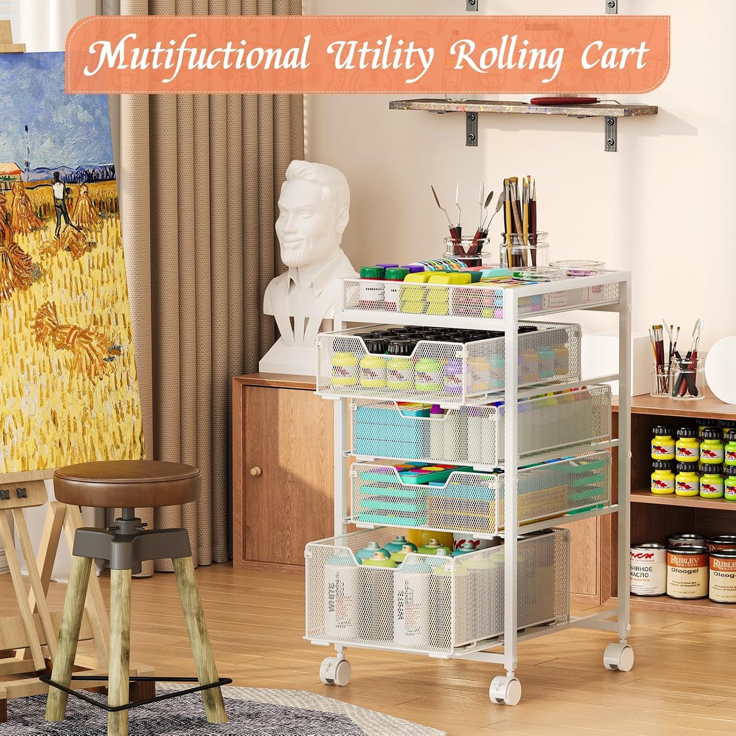 Rolling Utility Cart with 3 Drawers, Craft Organizer and Storage with DIY Divider, Lockable Wheels, Multi-Functional Storage for Art Supplies, Store for Brushes & Paints & Small Parts(Patent Pending)