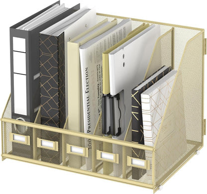 SUPEASY Desk Organizers Metal Desk Magazine File Holder with 5 Vertical Compartments Rack File Organizer for Office Desktop, Classroom, Home Workspace, Black