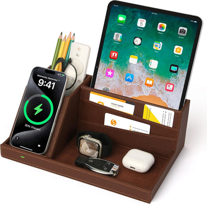 Fast Wireless Charging Station with Desk Organizer for iPhone 17/16/15/15 Pro/14/14 Pro Max/14 Pro/14 Plus/13/13 Pro Max/13 Pro/and iPhone 12/11 Series, Nightstand Desktop Organizer, Brown
