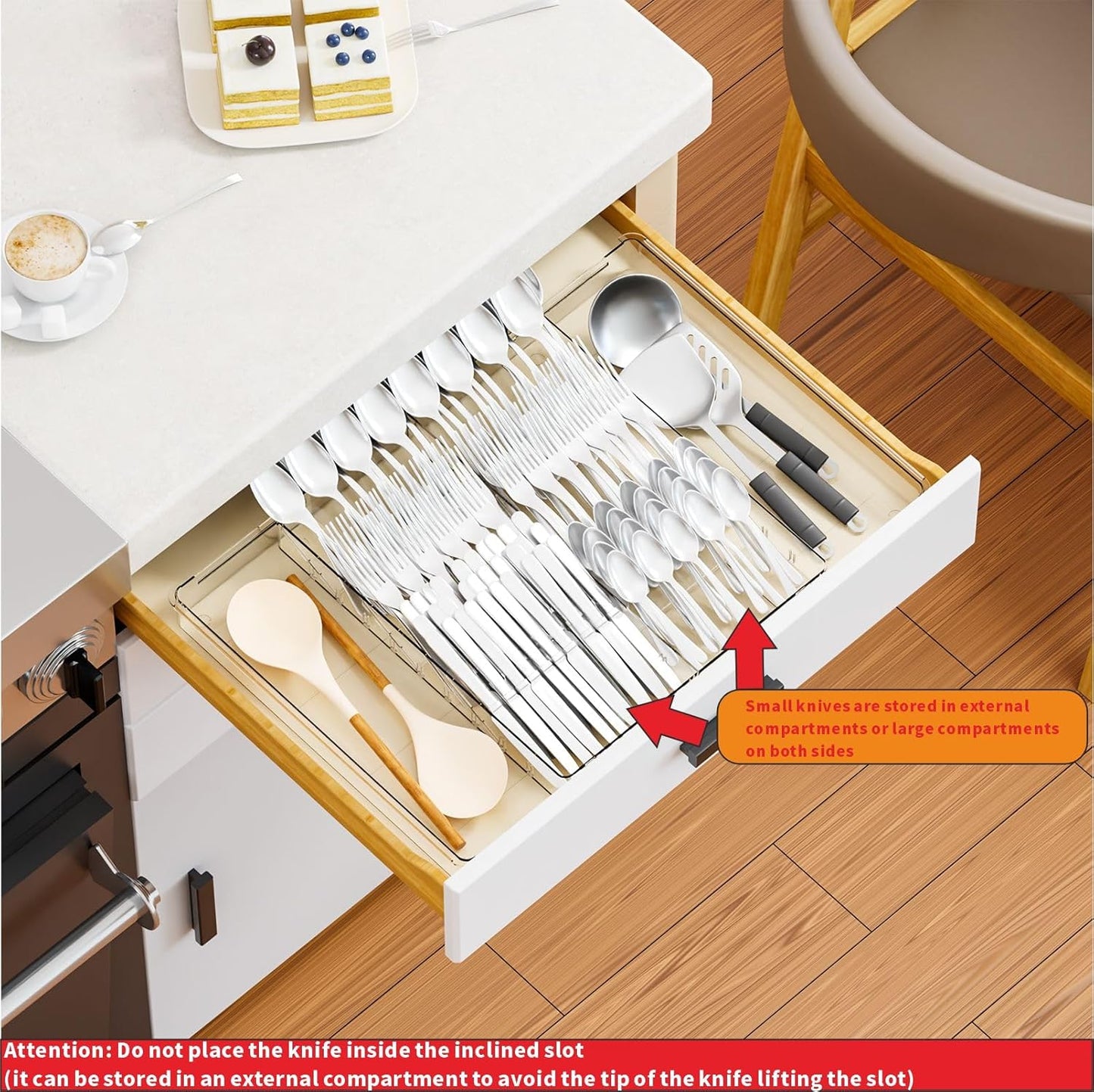 Yieach Clear Expandable Silverware Drawer Organizer - Adjust From 11'' to 22'' - Knife,Cutlery,Spoons and Forks Organizer,Large 8 Grid Flatware,Silverware Tray,Utensil Organizer for Kitchen Drawers