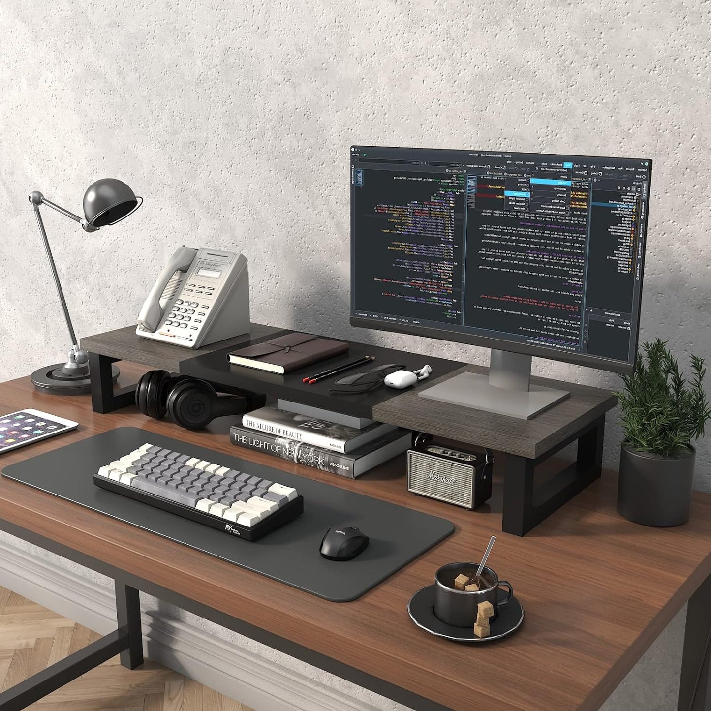 WESTREE Dual Monitor Stand Riser, Wood and Steel Multi-Purpose Desktop Storage Stand for 2 Monitors for Computer, Laptop, Printer, TV, Rustic Brown