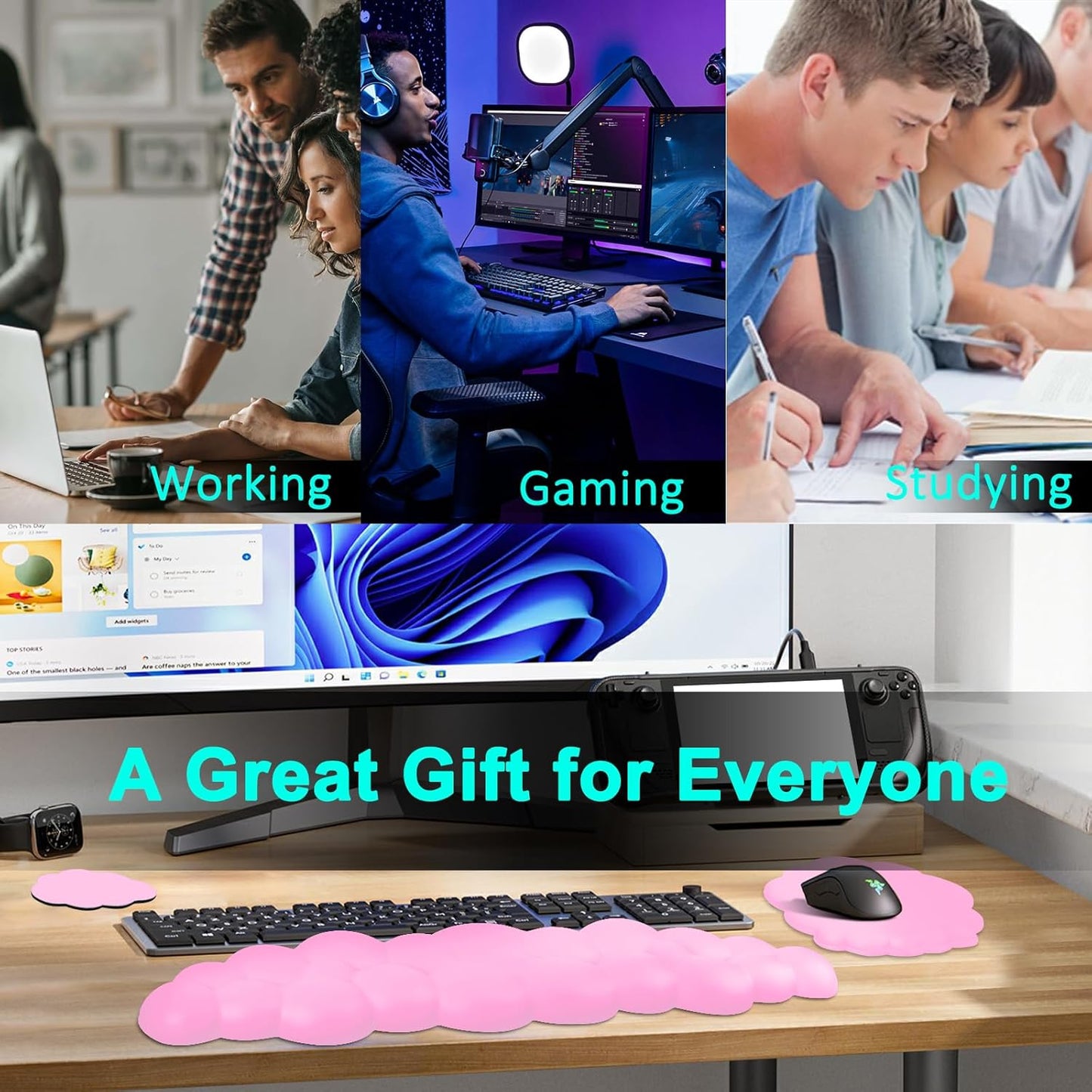 Cloud Keyboard and Mouse Wrist Rest Pad for Computer Arm Pain Relief- Ergonomic Wrist Support Mousepad with Non-Slip PU Base for Office, Gaming, and Home Use Anti-Fatigue(Black)