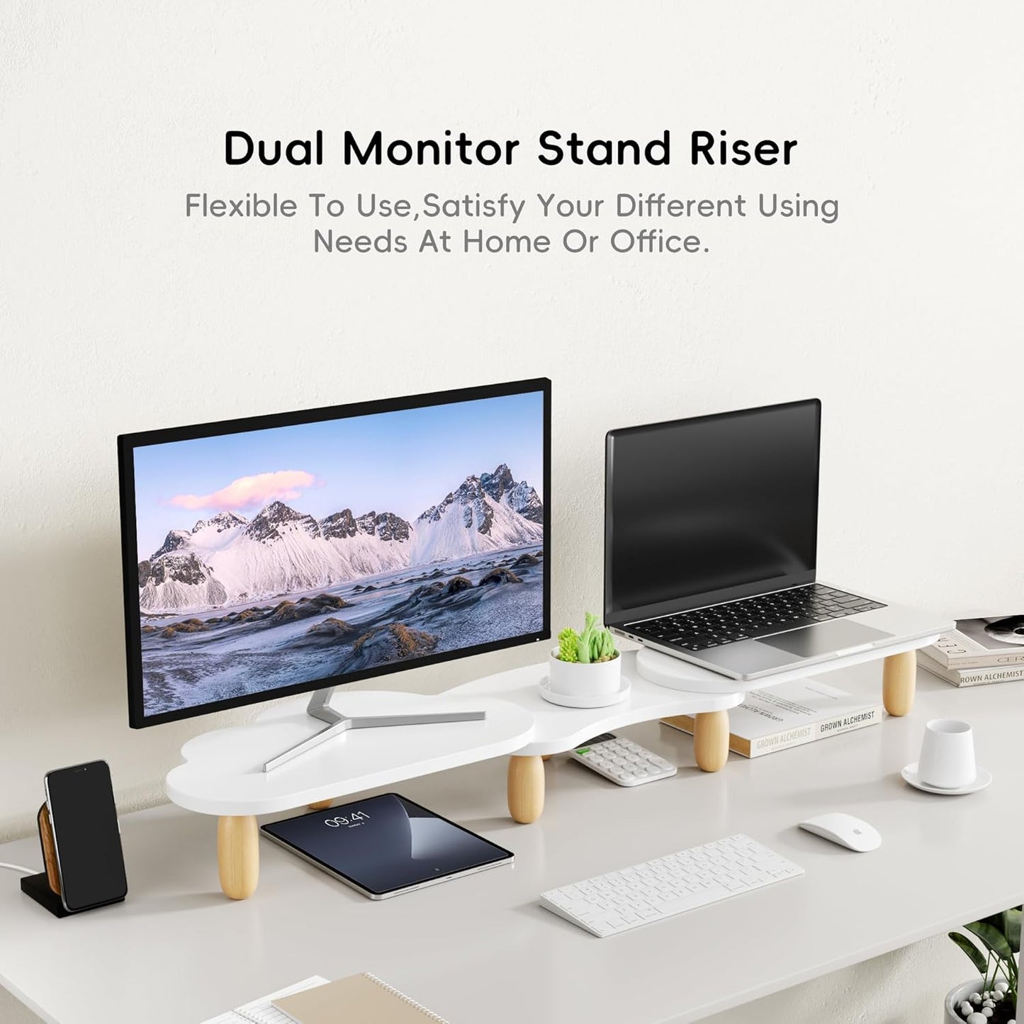 AFOOYO Monitor Stand Riser,31.5-Inch LED Light Wood Computer Monitor Stand with Adjustable Acrylic Legs,Desk Accessories Desktop Organizer Stand for, Computer,Laptop,Printer,PC TV Screen Riser,Black