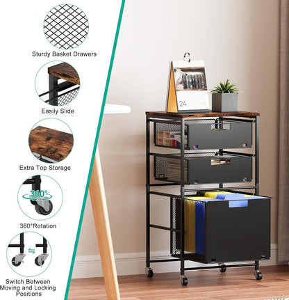3-Drawer Storage Organizer, Under Desk Rolling File Cart with Lockable Wheels, Hanging File Folder Organizer for Letter Size, Utility Craft Cart Filing Cabinet for Home Office,Black