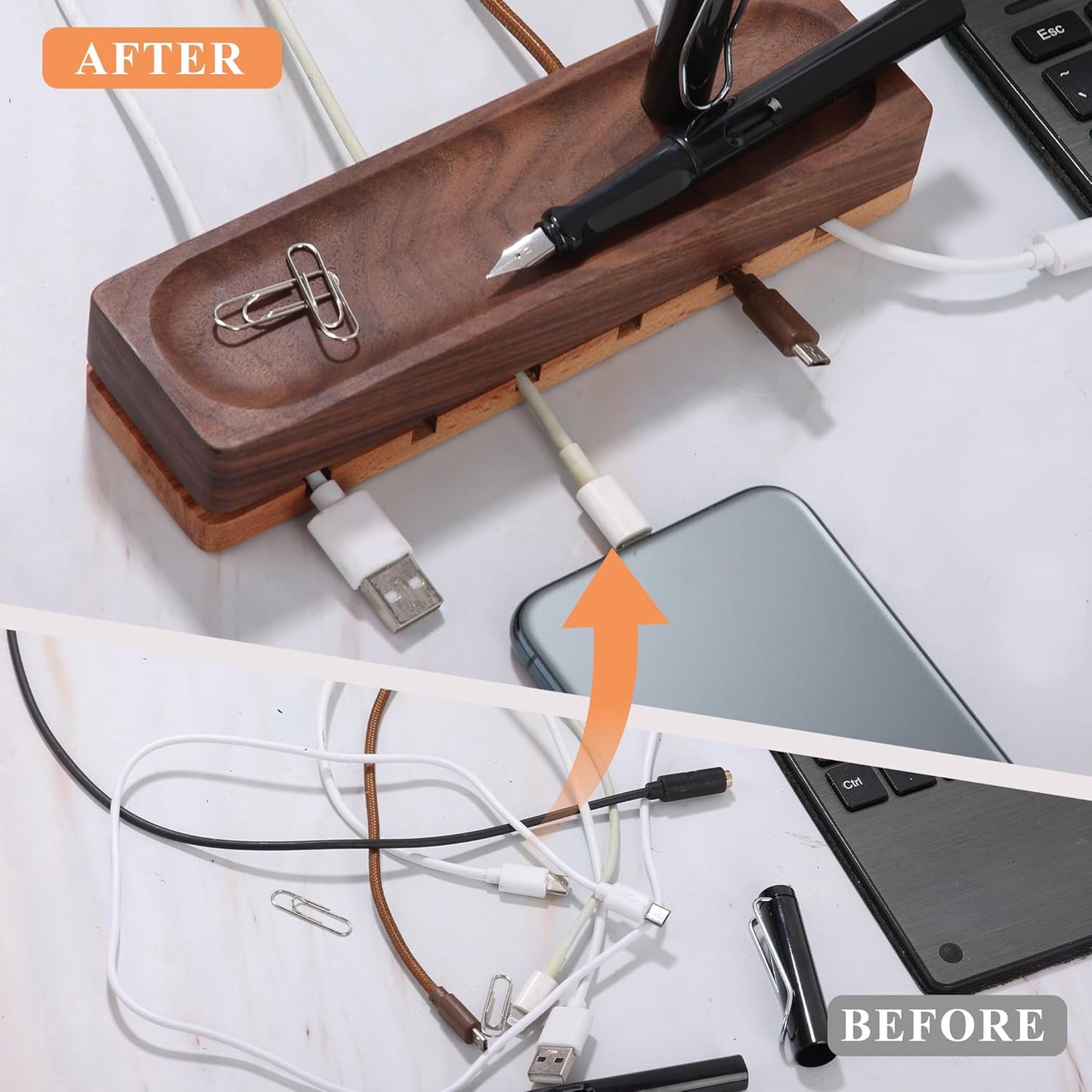 Magnetic Cord Holder with 6 Slots - Walnut & Beech Wood Cable Organizer for Lightning, USB, USB-C, Stick-on Design for Desk, Under Desk, Nightstand