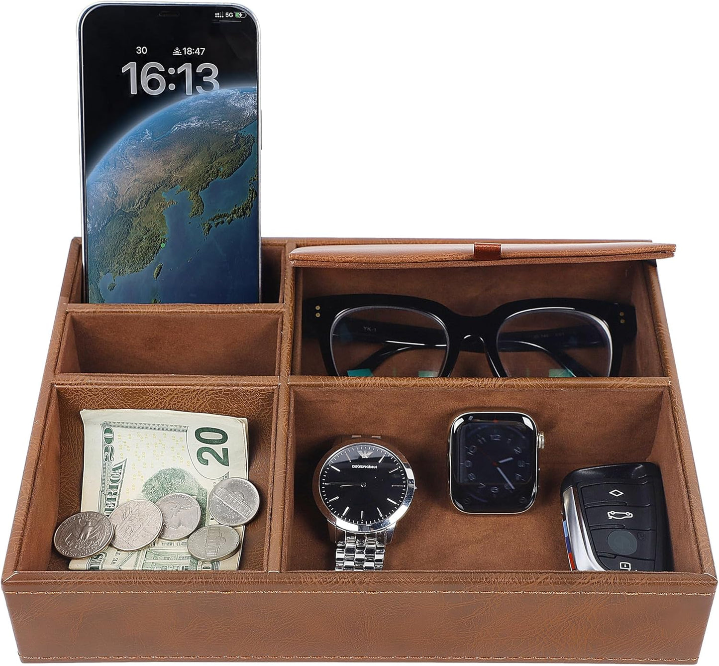 Zcaukya Men's Valet Tray, Jewelry Box Nightstand Organizer with 5 Compartments for Phone Keys Wallet Watch Glasses, Faux Leather Dresser Entryway Catchall Holder for Father's Day Gift (Black)