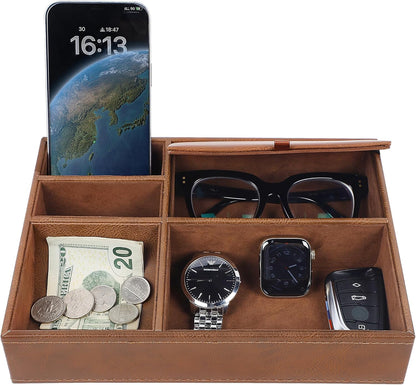 Zcaukya Men's Valet Tray, Jewelry Box Nightstand Organizer with 5 Compartments for Phone Keys Wallet Watch Glasses, Faux Leather Dresser Entryway Catchall Holder for Father's Day Gift (Black)