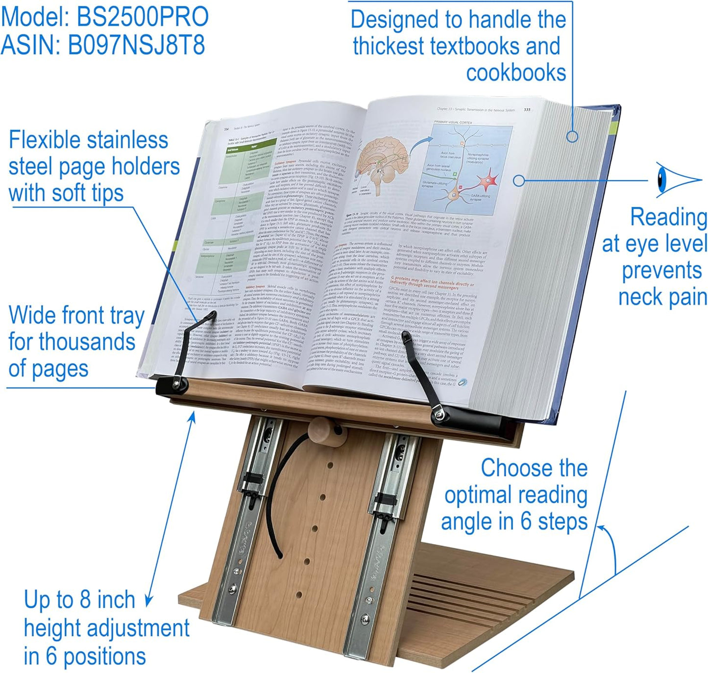 BS1500PRO Large Portable Height Adjustable Foldable Eye-Level Ergonomic Bookstand Holder for Reading Hands Free Large Thick Heavy College Textbooks Tablets Neck Pain Free