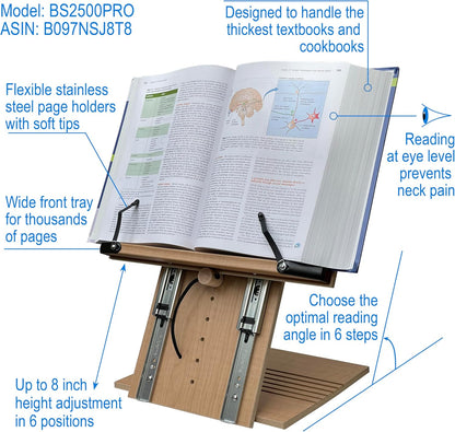 BS1500PRO Large Portable Height Adjustable Foldable Eye-Level Ergonomic Bookstand Holder for Reading Hands Free Large Thick Heavy College Textbooks Tablets Neck Pain Free