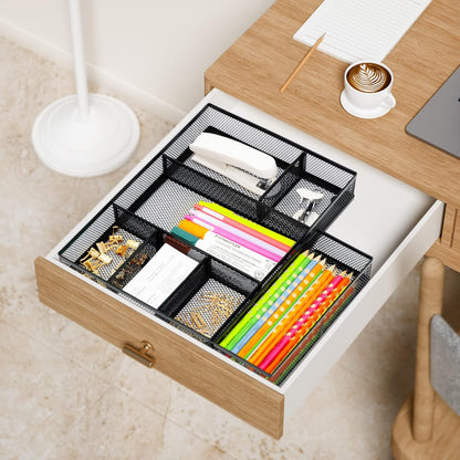 Neudeco Desk Drawer Organizer with 6 Adjustable Dividers, Metal Mesh Pen Organizer for Desk Drawer, Office Supplies Tray (Pack of 4, Black)