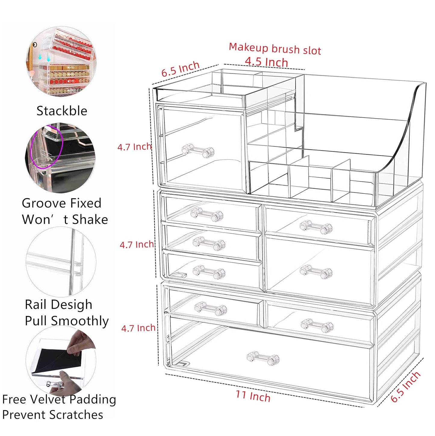 Cq acrylic 2 Pack Clear Make up Organizer Countertop,Stackable 5 Drawers Makeup Storage,Cute Vanity Organizers for dresser Hair Clip,Jewelry,Beauty Product Desk and Bathroom Organizers and Storage