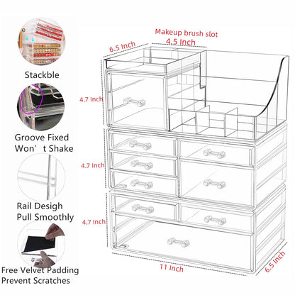Cq acrylic 2 Pack Clear Make up Organizer Countertop,Stackable 5 Drawers Makeup Storage,Cute Vanity Organizers for dresser Hair Clip,Jewelry,Beauty Product Desk and Bathroom Organizers and Storage