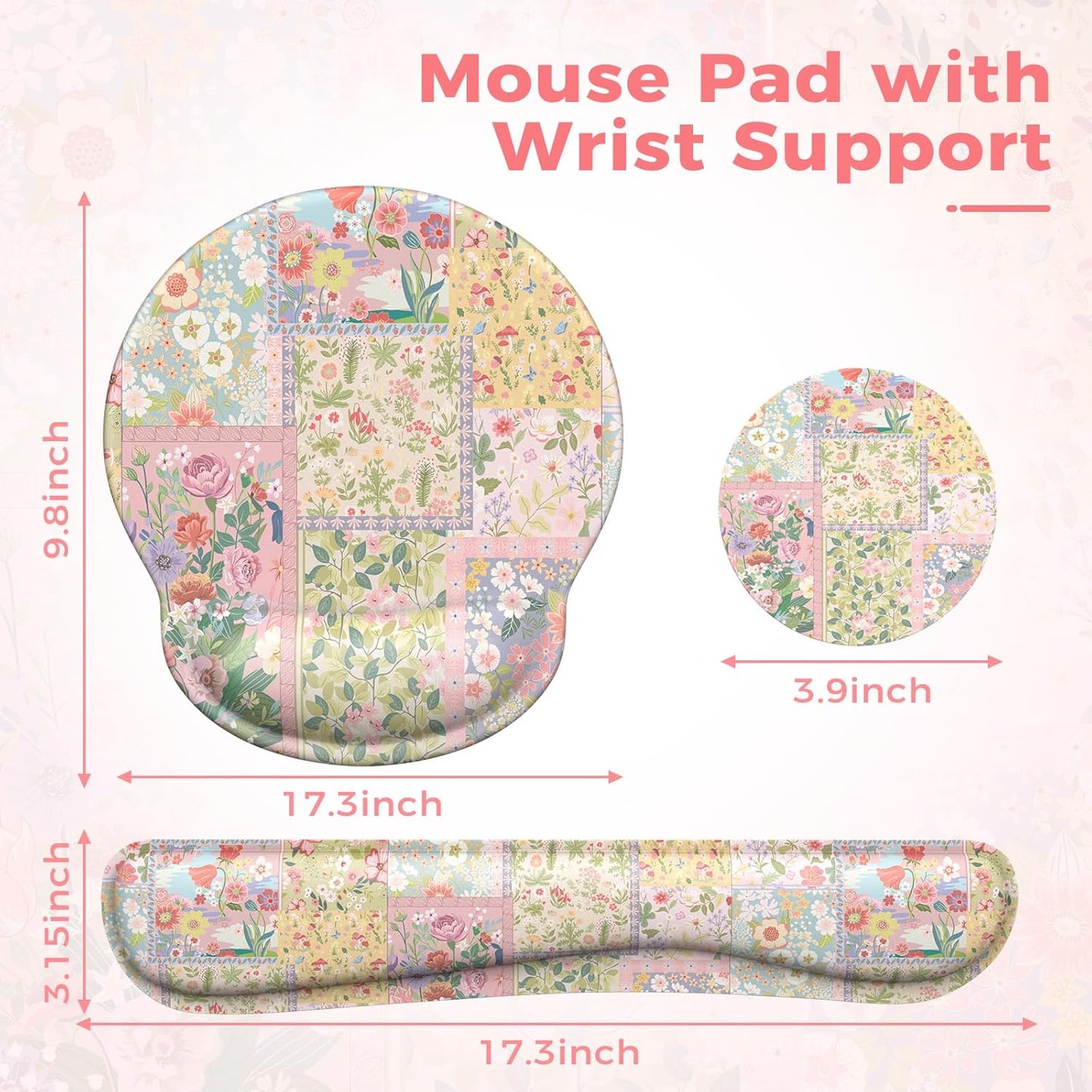 iLeadon Mouse Pad and Keyboard Wrsit Rest, Anti-Fatigue Gel Wrist Rest for Keyboard, Mouse Pad Set for Computer Women Office (Pink Floral)