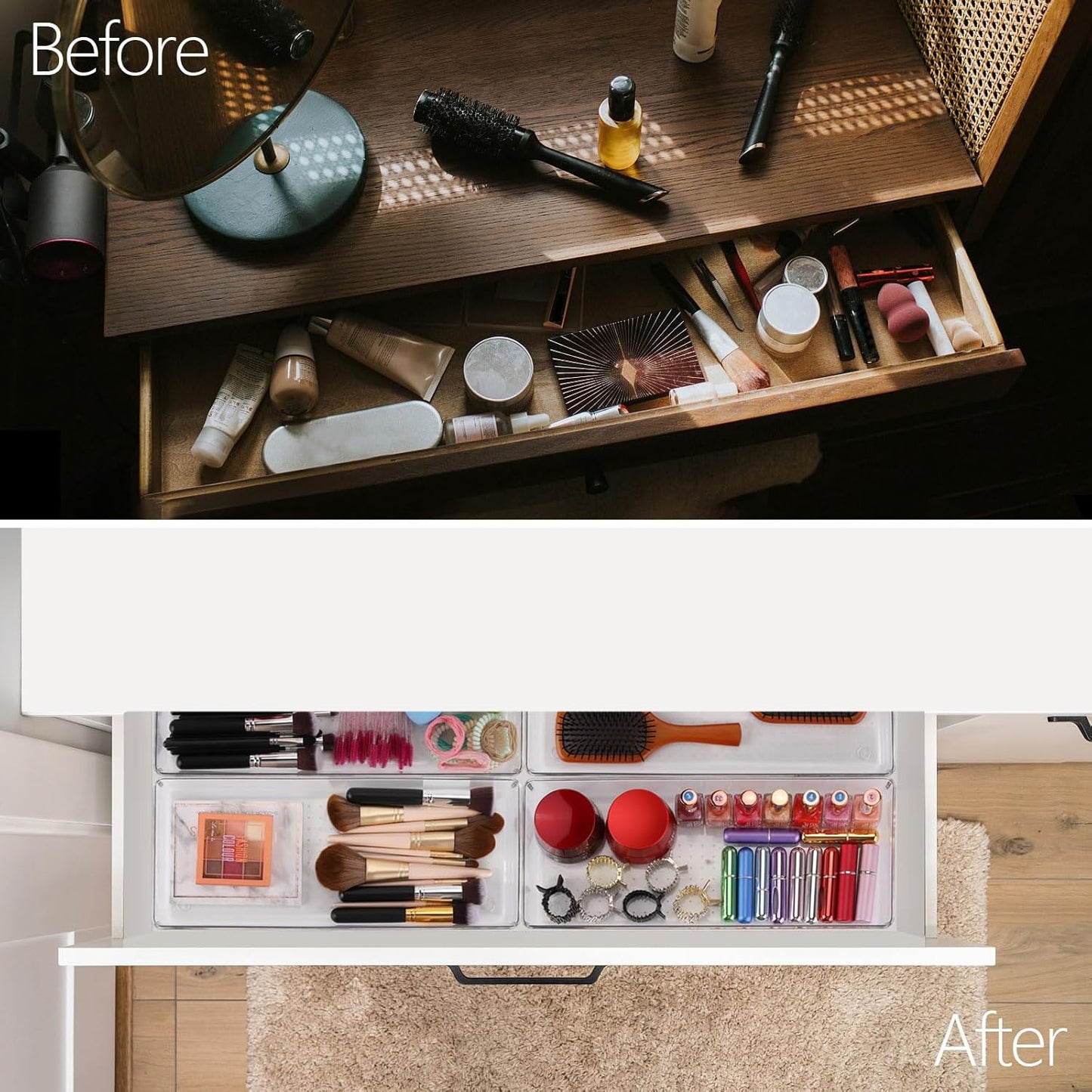 Ohlove 6 Pcs Large Clear Plastic Drawer Organizers Tray 15" x 6.3" Storage Bins with 25 Pcs Non-Slip Pads for Makeup, Jewelries, Kitchen Utensils, Bathroom and Office