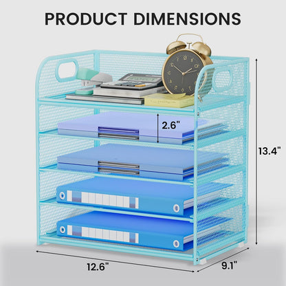 Paper Organizer Letter Tray with Handle, 5-Tier Black Stackable Desk Organizer with Metal Mesh, Sturdy Paper Tray for Office Desk, Home & Classroom Supplies Storage