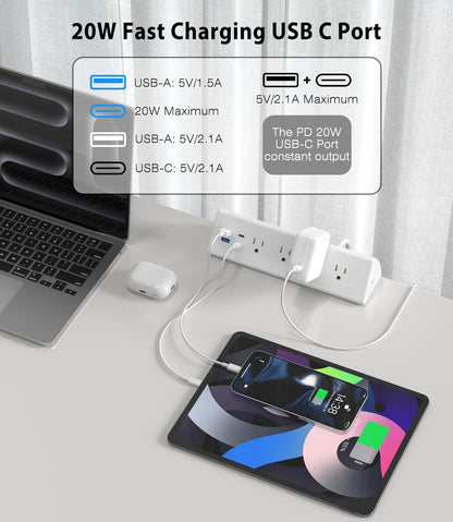 Jgstkcity Desk Clamp Power Strip,20W Fast Charging Station,Surge Protector Nightstand Edge Mount,1875W Extension Cord with Multiple Outlets,2 USB-C,2 USB-A,for Home Office (Black, 6 FT)