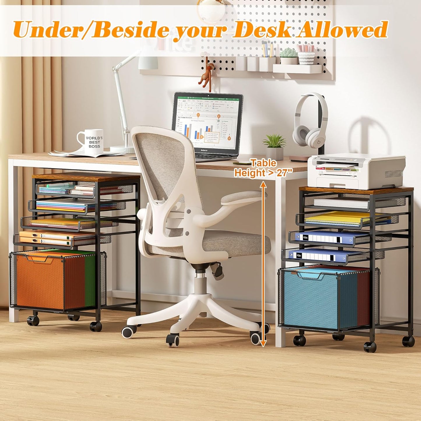 5-Tier Rolling File Cart Under Desk with Drawers, File Cabinet Organizer for Hanging File Folders, Letter-Size File Storage with Wheels, Multi-Layer Mobile Filing Cabinet for Under Desk Storage