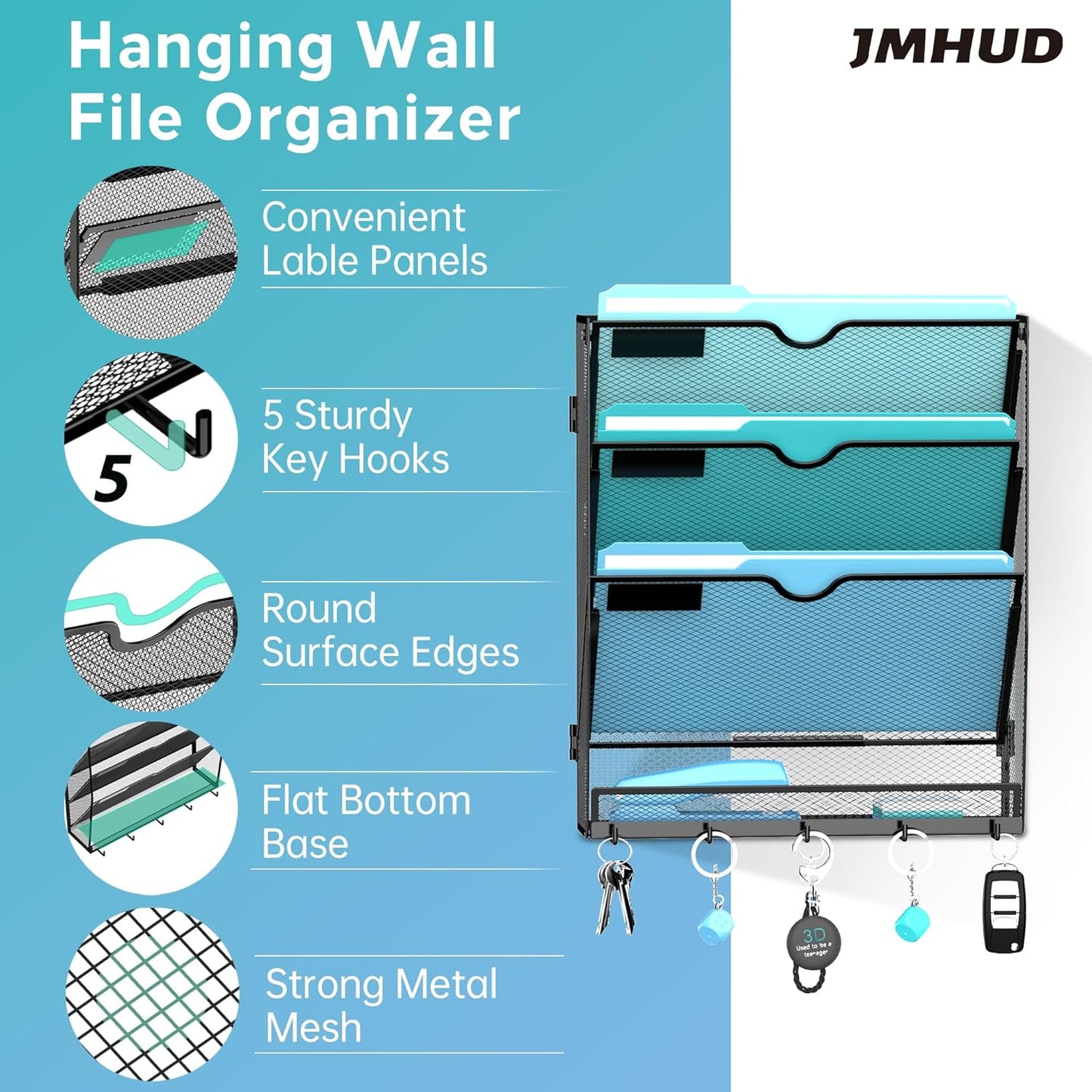 5 Tier Wall File Organizer - Hanging File Organizer with 5 Hooks, Mail Holder Wall Mounted for Papers, Folders, Magazines, Bills, Office&School Organization, Black