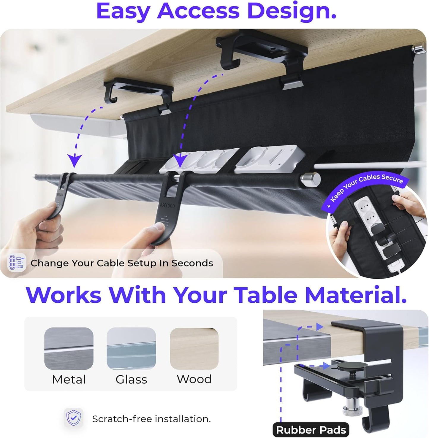 Ascrono Original No Drill Under Desk Cable Management Tray 27.3" - Premium White Fabric Cable Management Under Desk - Clamp/Screw Mount Cord Organizer - Supports Upto 66lbs
