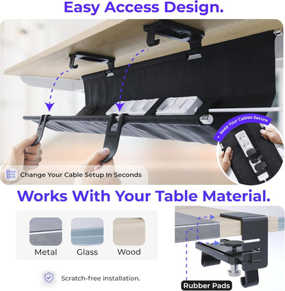 Ascrono Original No Drill Under Desk Cable Management Tray 27.3" - Premium White Fabric Cable Management Under Desk - Clamp/Screw Mount Cord Organizer - Supports Upto 66lbs