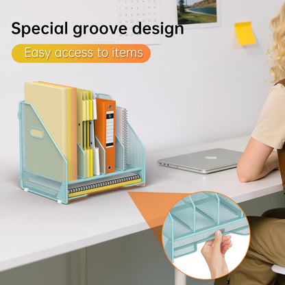 Docnest Desk File Holder Sorter, 4 Vertical Compartments Rack with Letter Tray, Mesh Magazine File Holder with Handle,Workspace Organizers,Desk Organizers for Paper, Mail, Documents-Black