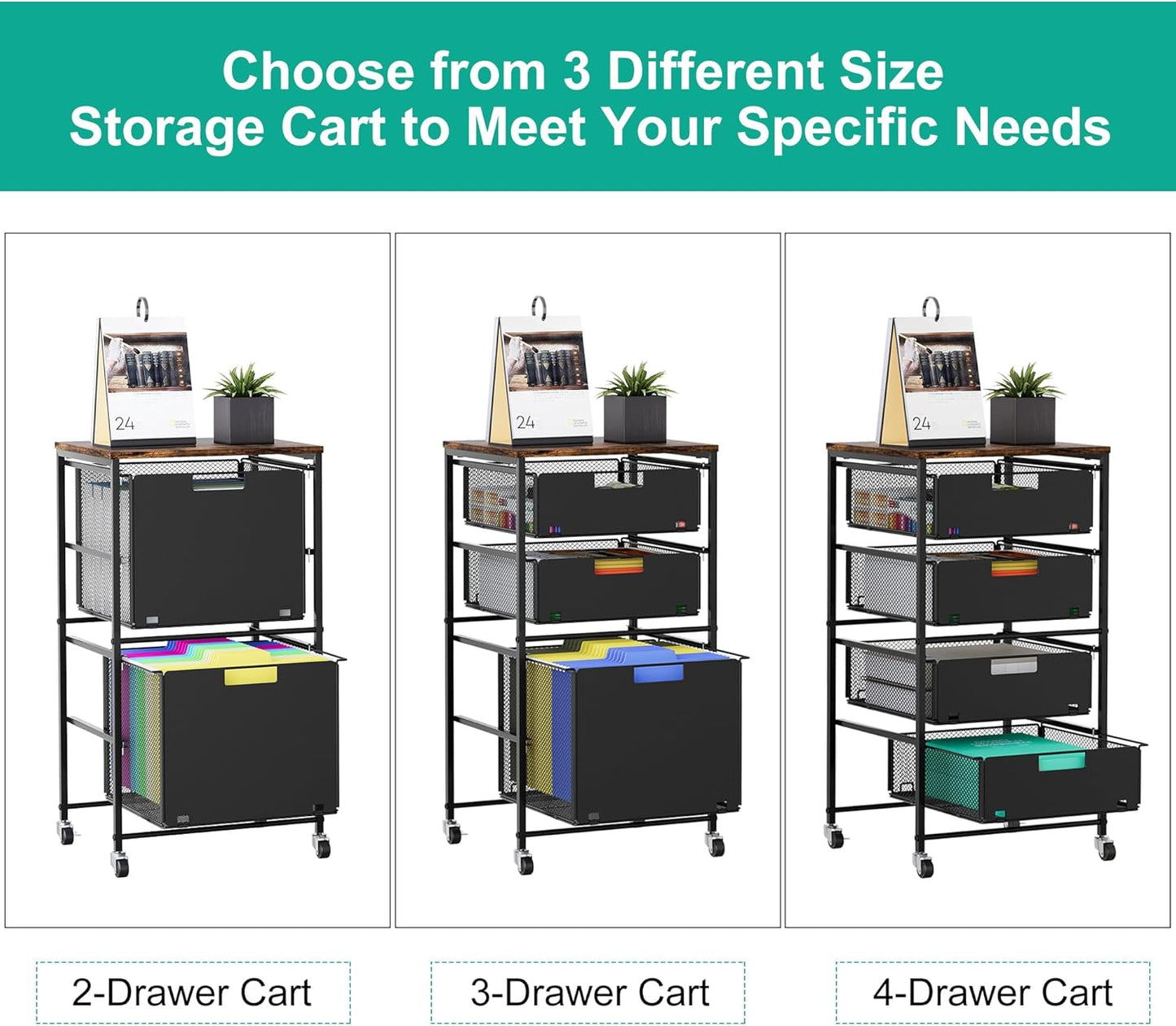 3-Drawer Storage Organizer, Under Desk Rolling File Cart with Lockable Wheels, Hanging File Folder Organizer for Letter Size, Utility Craft Cart Filing Cabinet for Home Office,Black