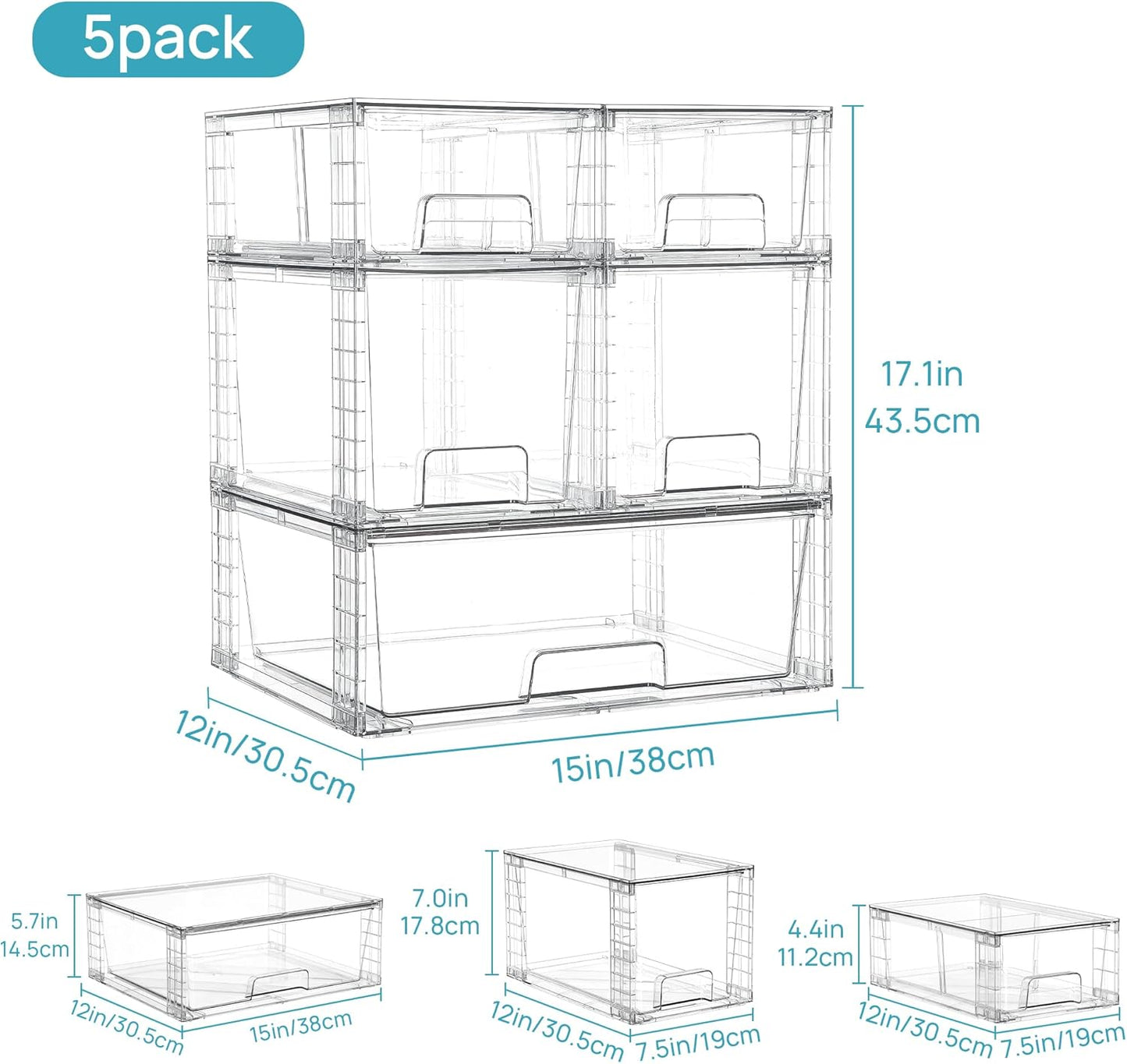 Vtopmart 3 Pack Stackable Storage Drawers, Easily Assemble Acrylic Bathroom Undersink Organizers,Clear Plastic Storage Bins for Closet,Cabinet,Pantry,Medicine Organization