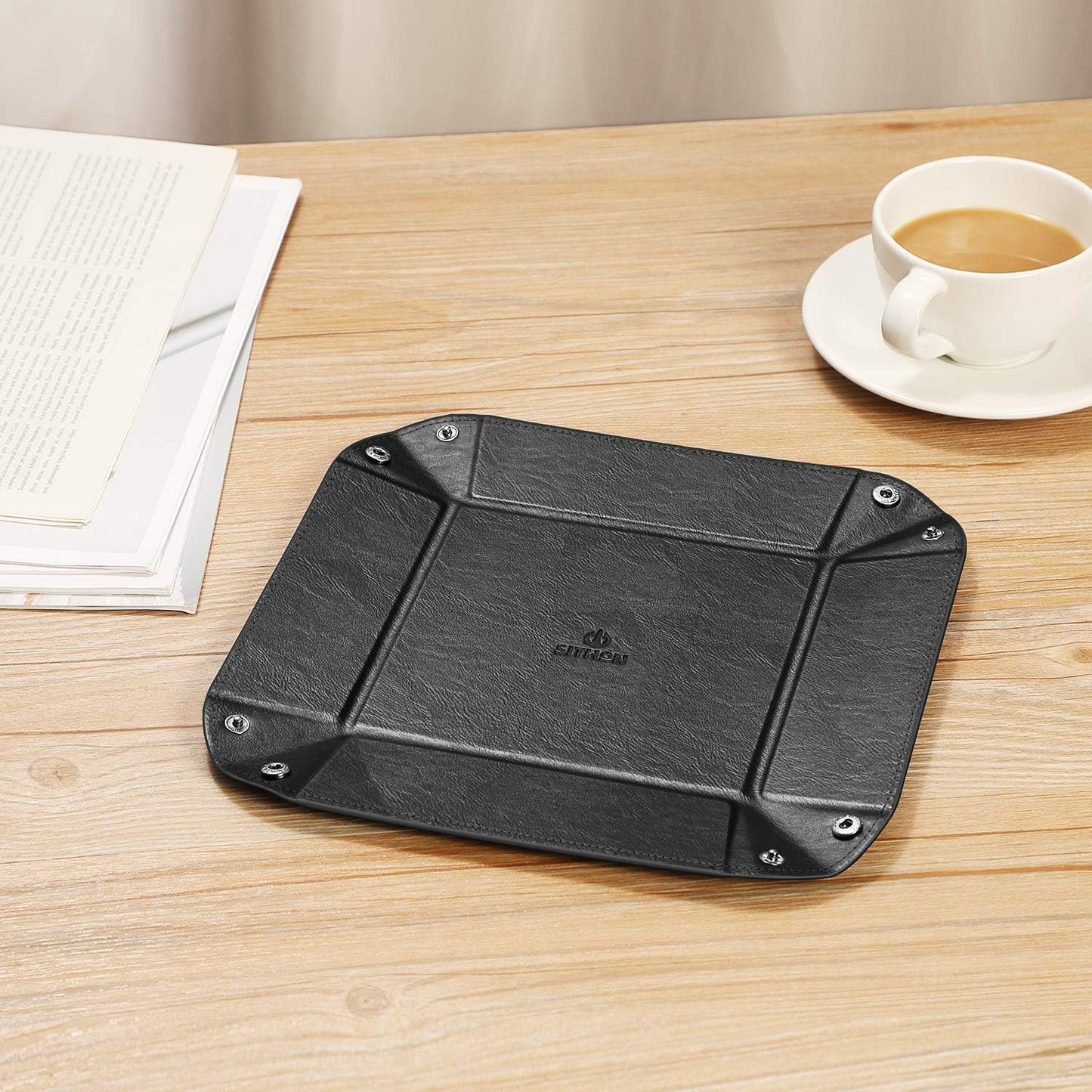 SITHON Valet Tray Desktop Storage Organizer - Multi-Use PU Leather Catchall Tray Bedside Nightstand Caddy Dice Holder for Keys, Phone, Wallet, Coin, Jewelry, Traveling and More, Black